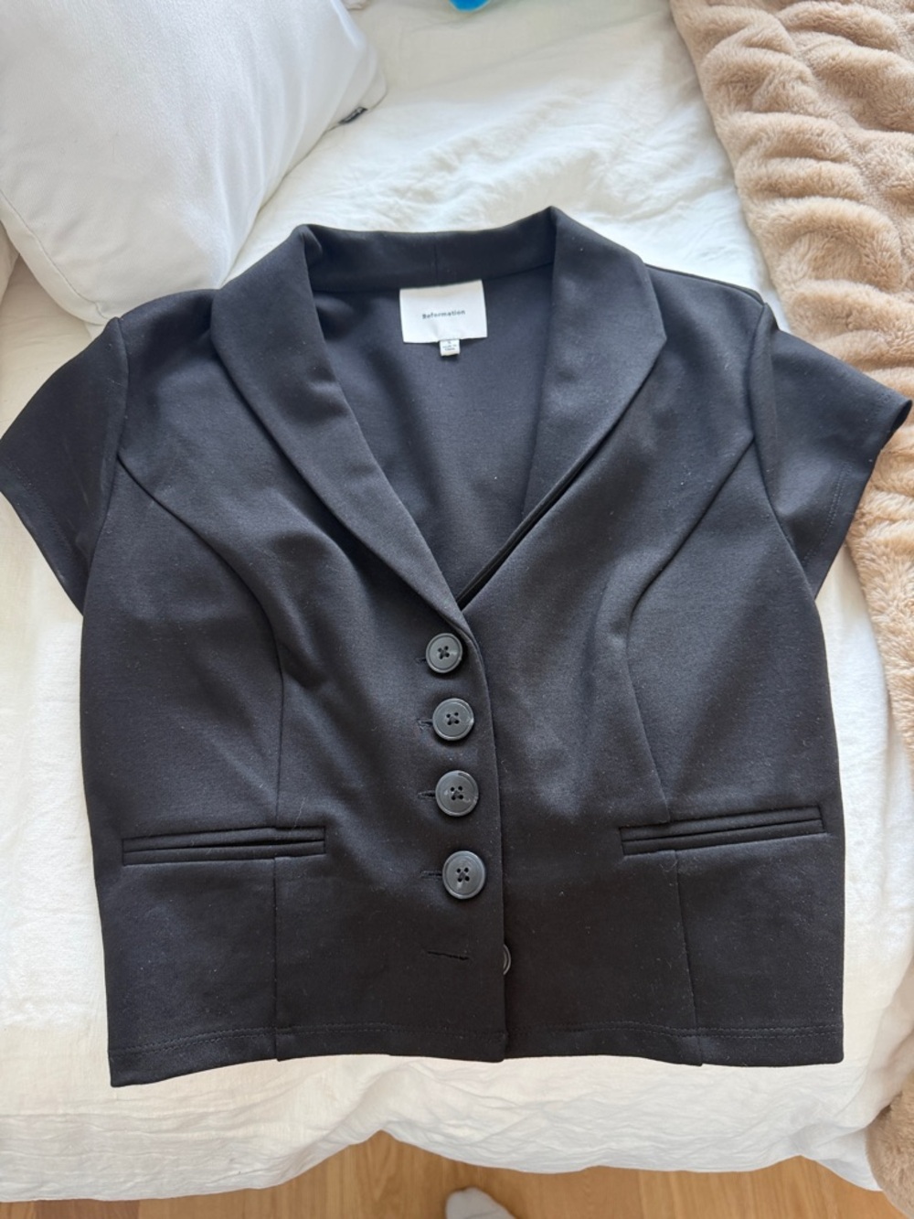 Reformation Black Short-Sleeve Notched Collar Jacket